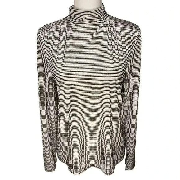 Nine West Women’s Small Shimmering Black & White Striped‎ Mock Neck Top NEW - Picture 1 of 4